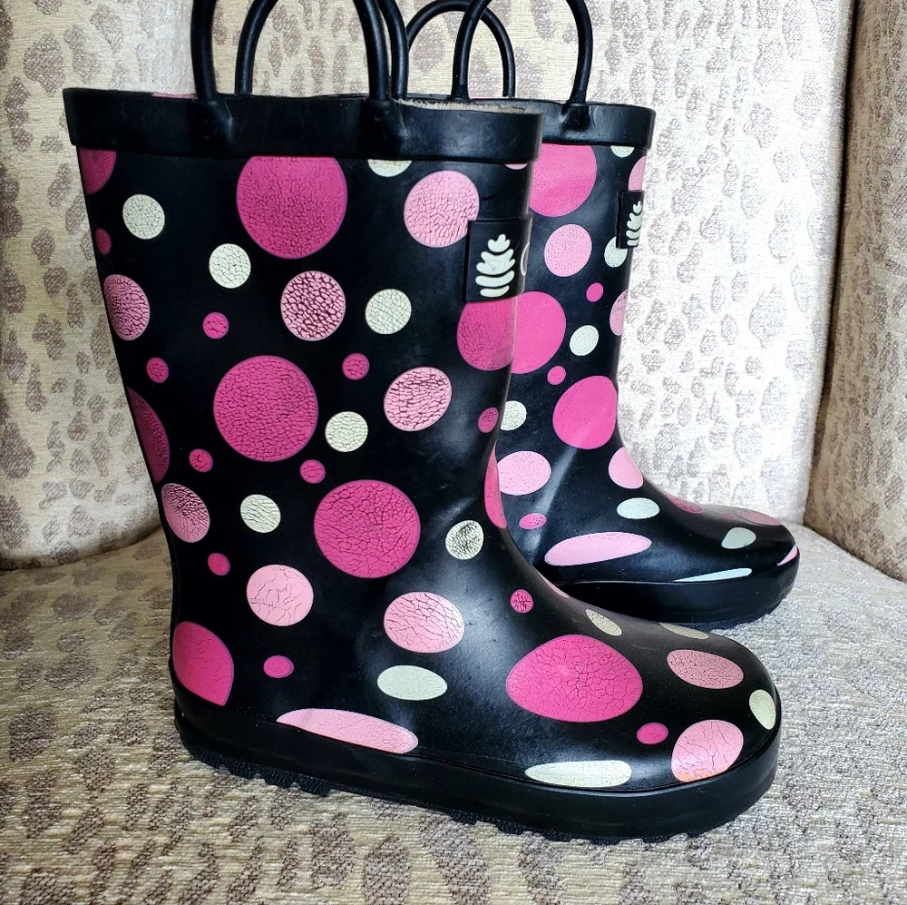 Oaki Kids Black Rain Loop Boots with Pink & White Polka Dots Size 11 Toddler